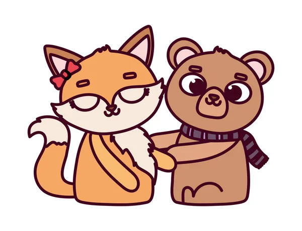 Happy valentines day, cute animals bear and female fox cartoon — Stock vektor