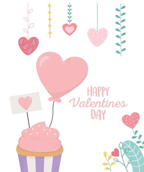 Happy valentines day, sweet cupcake heart balloon foliage decoration — Stockvektor