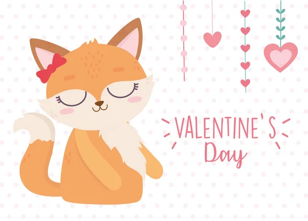 Happy valentines day, cute female fox hanging hearts love — стоковый вектор
