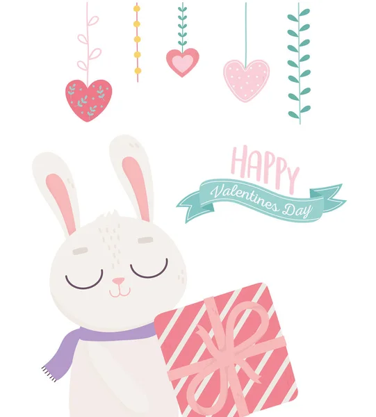 Happy valentines day, cute bunny with striped gift box decoration hearts love — Stock vektor