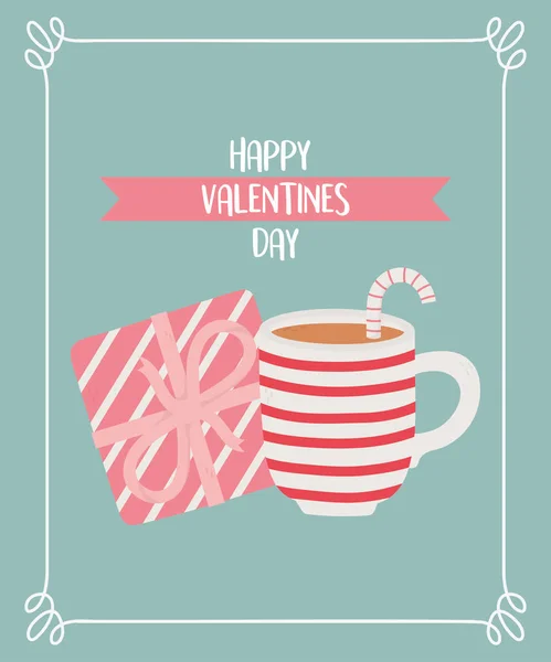 Happy valentines day, cup chocolate and striped gift box frame decoration — Stock Vector