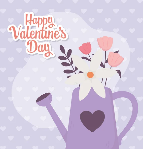 Happy valentines day, watering can with flowers floral hearts background love — стоковый вектор