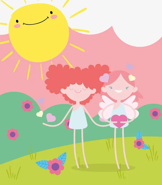 Happy valentines day, funny cupids with hearts flowers sunny day cartoon — стоковый вектор