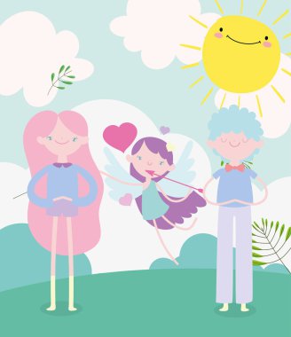 happy valentines day, young couple flying cupid with arrow and hearts love