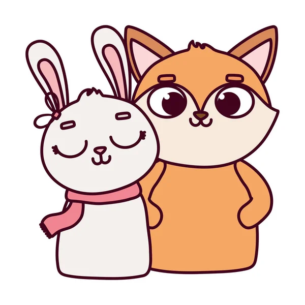 Happy valentines day, cute animals fox and rabbit cartoon — Stock Vector