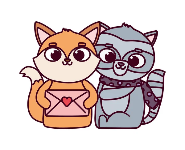 Happy valentines day, cute animals raccoon and fox with message love — Vector de stock
