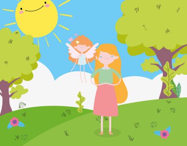 happy valentines day, cute young woman and little cupid grass flowers trees sun cartoon