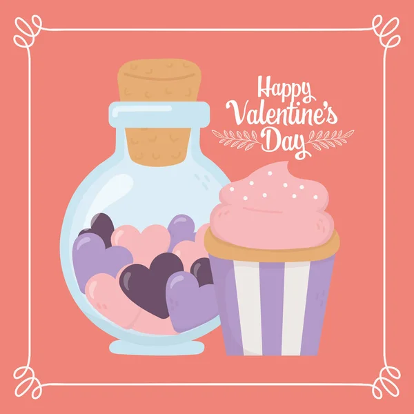 Día feliz, botella de tarro con corazones y tarta dulce. — Vector de stock