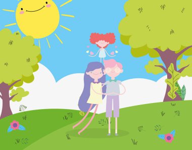 happy valentines day, embraced young couple and cupid in the grass with flowers tree sun
