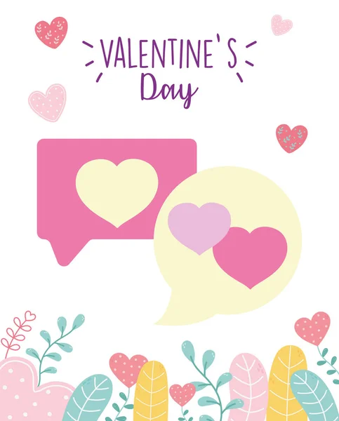 Happy valentines day, speech bubbles hearts love romantic foliage nature decoration — Vector de stock
