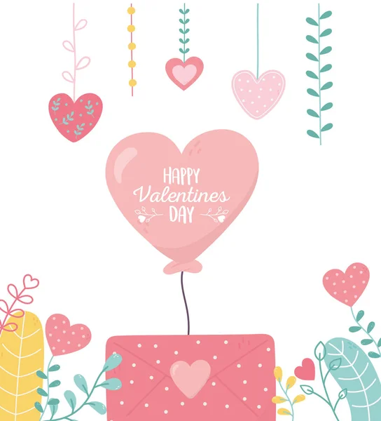 Happy valentines day, dotted envelope message balloon hearts love foliage — Stock Vector