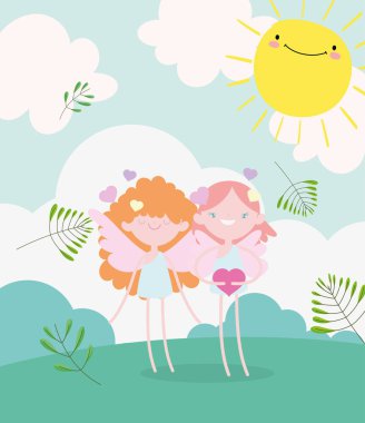 happy valentines day, cute cupids with hearts love romantic meadow foliage nature