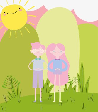 happy valentines day, smiling young couple standing grass sunny day cartoon
