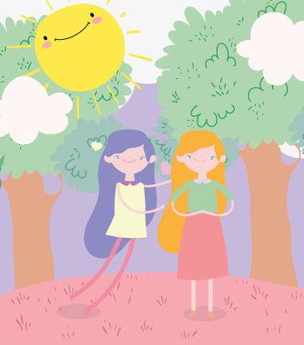 happy valentines day, young girls celebrating trees grass sun