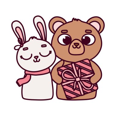 Sevgililer günün kutlu olsun, hediyeli şirin bir ayı ve romantik bir tavşan.