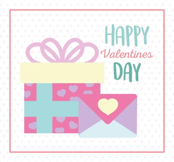 Happy valentines day, gift box and envelope message hearts love romantic dotted background — Διανυσματικό Αρχείο