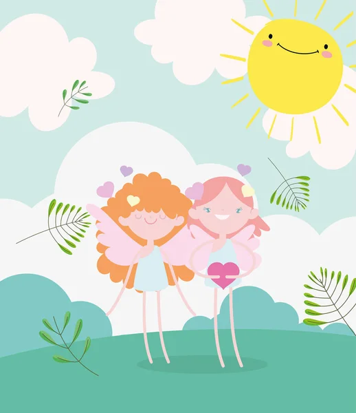 Happy valentines day, cute cupids with hearts love romantic meadow foliage nature — стоковый вектор
