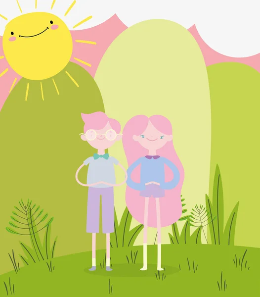 Happy valentines day, smiling young couple standing grass sunny day cartoon — Stockvektor