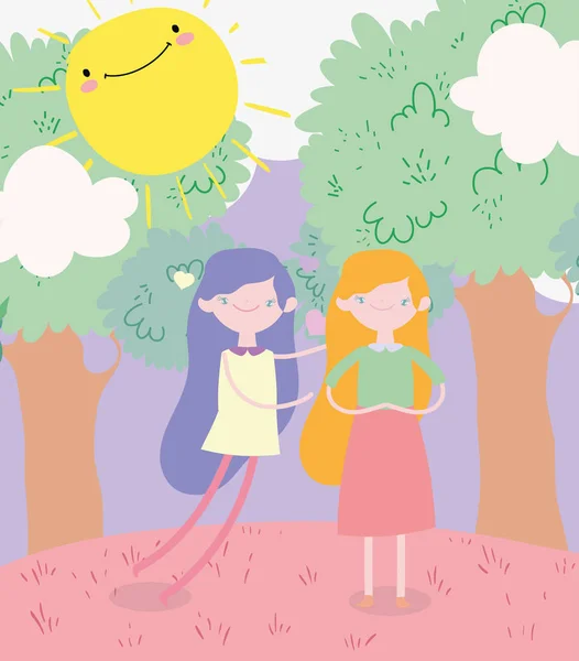 Happy valentines day, young girls celebrating trees grass sun — Stockvektor