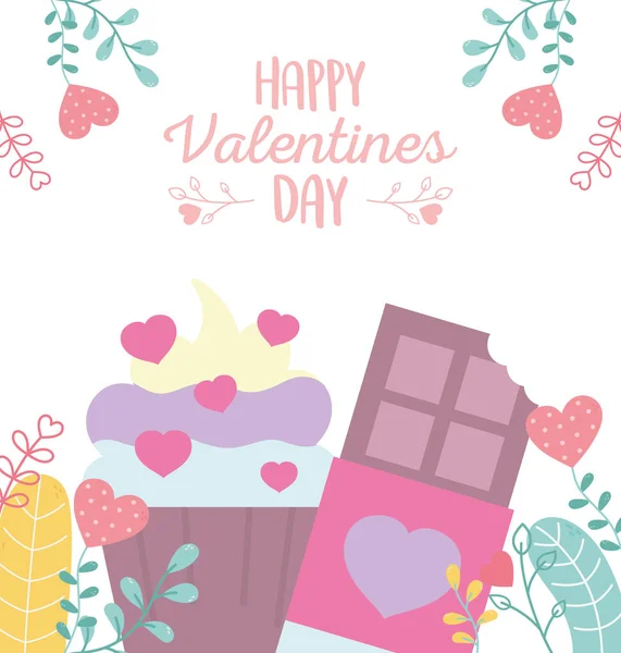 Happy valentines day, sweet cupcake and chocolate bar hearts love foliage decoration — Vector de stock