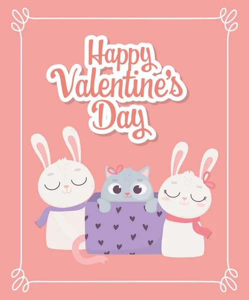 Happy valentines day, little cat on gift box and cute rabbits with scarf — Vector de stock