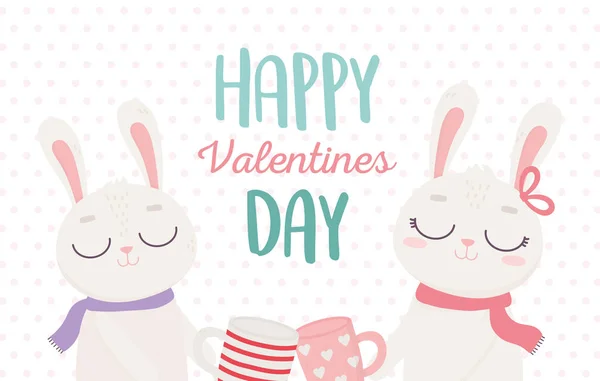 Feliz dia dos namorados, bonito casal coelhinhos com xícaras de café —  Vetores de Stock