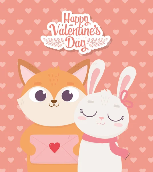 Happy valentines day, cute fox with envelope letter and rabbit with scarf and hearts decoration — Vettoriale Stock