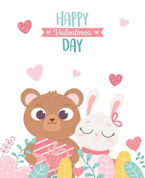 Feliz día, buen oso con don y conejo de corazones colgantes adoran la decoración del follaje. — Vector de stock