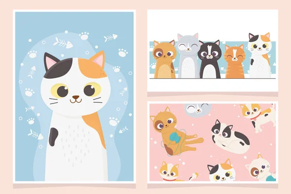 Pet cats adorable playing fishbone paw cartoon cards — Stock Vector