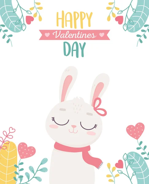 Щасливий день валентинки, милий кролик серця люблять листя картки — стоковий вектор