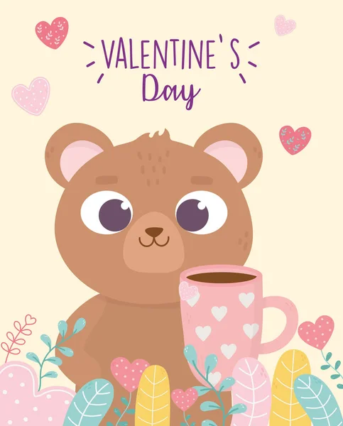 Fröhlicher Valentinstag, niedlicher Bär mit Kaffeetasse mit Herzblättern Pflanzen — Stockvektor