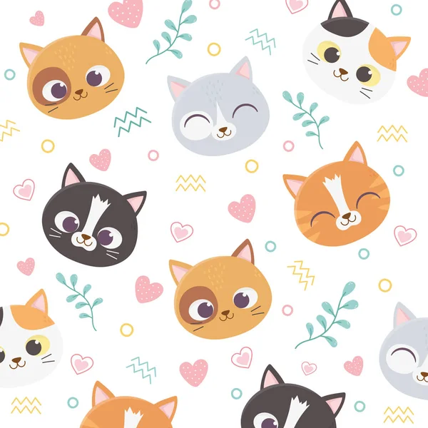 Cute pet cats face hearts love foliage cartoon background — Stock Vector