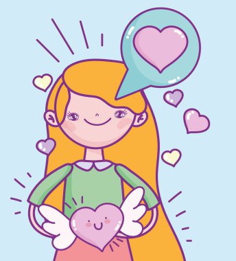 Sevgililer günün kutlu olsun, kalp kanatları olan genç kadın konuşma balonu.