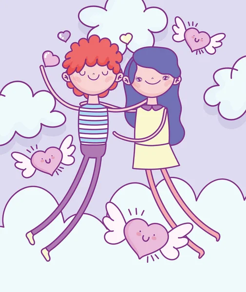 Día feliz, pareja en el corazón de amor con alas románticas — Vector de stock