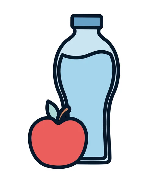 Botella de agua y el icono de la nutrición de manzana fresca — Vector de stock