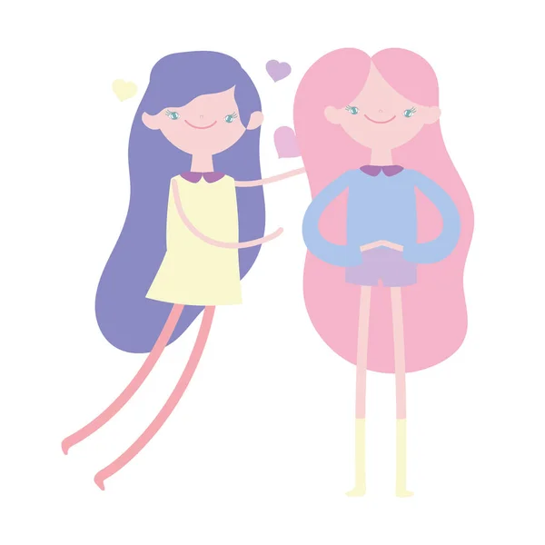 Happy valentines day, cute young woman and funny cupid hearts love cartoon — 스톡 벡터