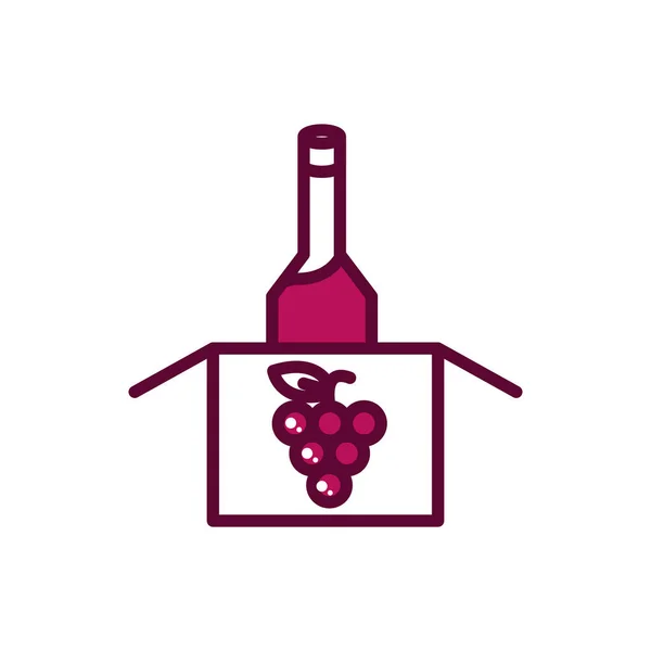 Wine bottle in cardboard box grapes celebration drink beverage icon line and filled — Vettoriale Stock
