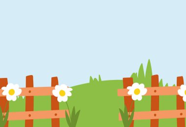 landscape farm wooden fence fowers grass clouds sun