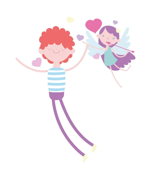 Feliz día de San Valentín, joven y volando Cupido con los corazones de flecha amor — Vector de stock