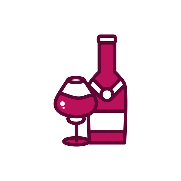 Garrafa de vinho e copo de vidro licor celebração bebida bebida ícone linha e cheio — Vetor de Stock