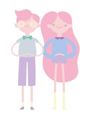 Sevgililer günün kutlu olsun, gülümseyen genç çift ayakta çizgi film