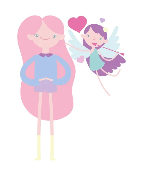 Happy valentines day, flying little cupid with arrow hearts and cute girl love - Stok Vektor