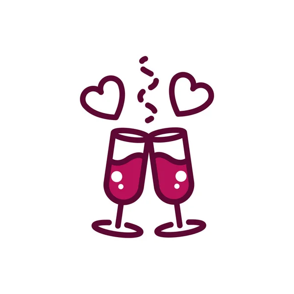 Ποτήρια κρασιού ζητωκραυγάζει καρδιές γιορτή ποτό εικονίδιο γραμμή και γεμάτο — Διανυσματικό Αρχείο