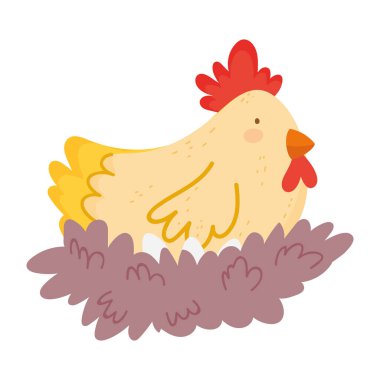 hen chicken with eggs in the nest farm animal cartoon