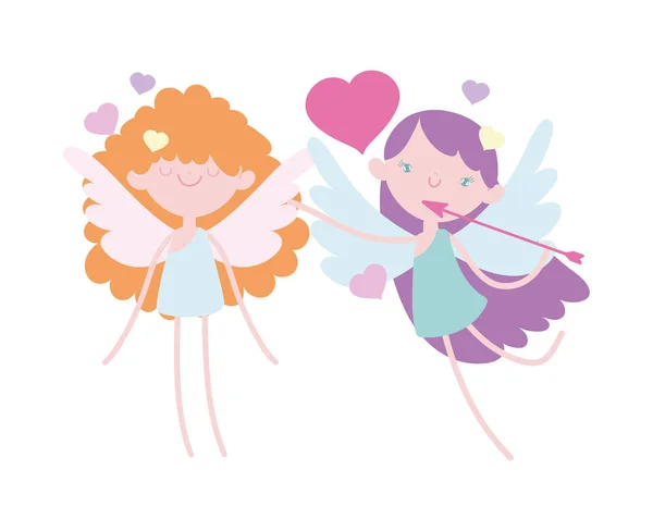 Happy valentines day, funny cupids with arrow hearts cartoon — Vector de stock