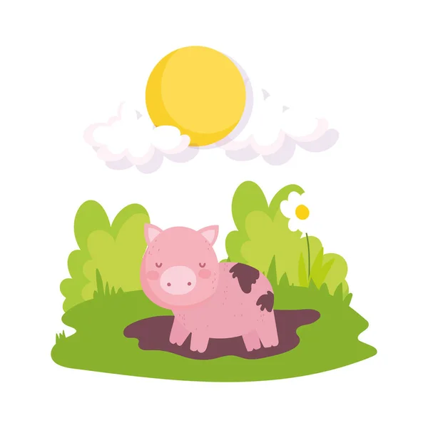 Pig in the mud flowers grass sun farm animal cartoon — Stockvector