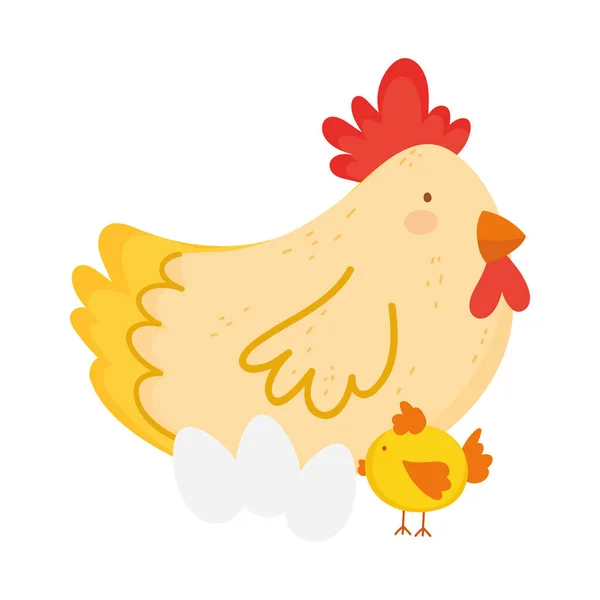 Hen chicken and eggs farm animal cartoon —  Vetores de Stock