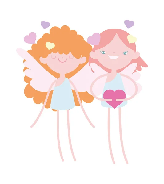 Happy valentines day, cute cupids with hearts feeling romantic cartoon — Vector de stock