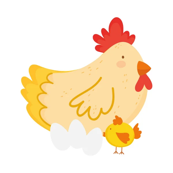 Cute hen chicken and eggs farm animal cartoon — Stockvector