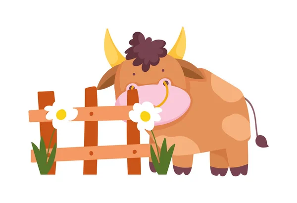 Bull fence flowers plants farm animal cartoon — Vector de stock